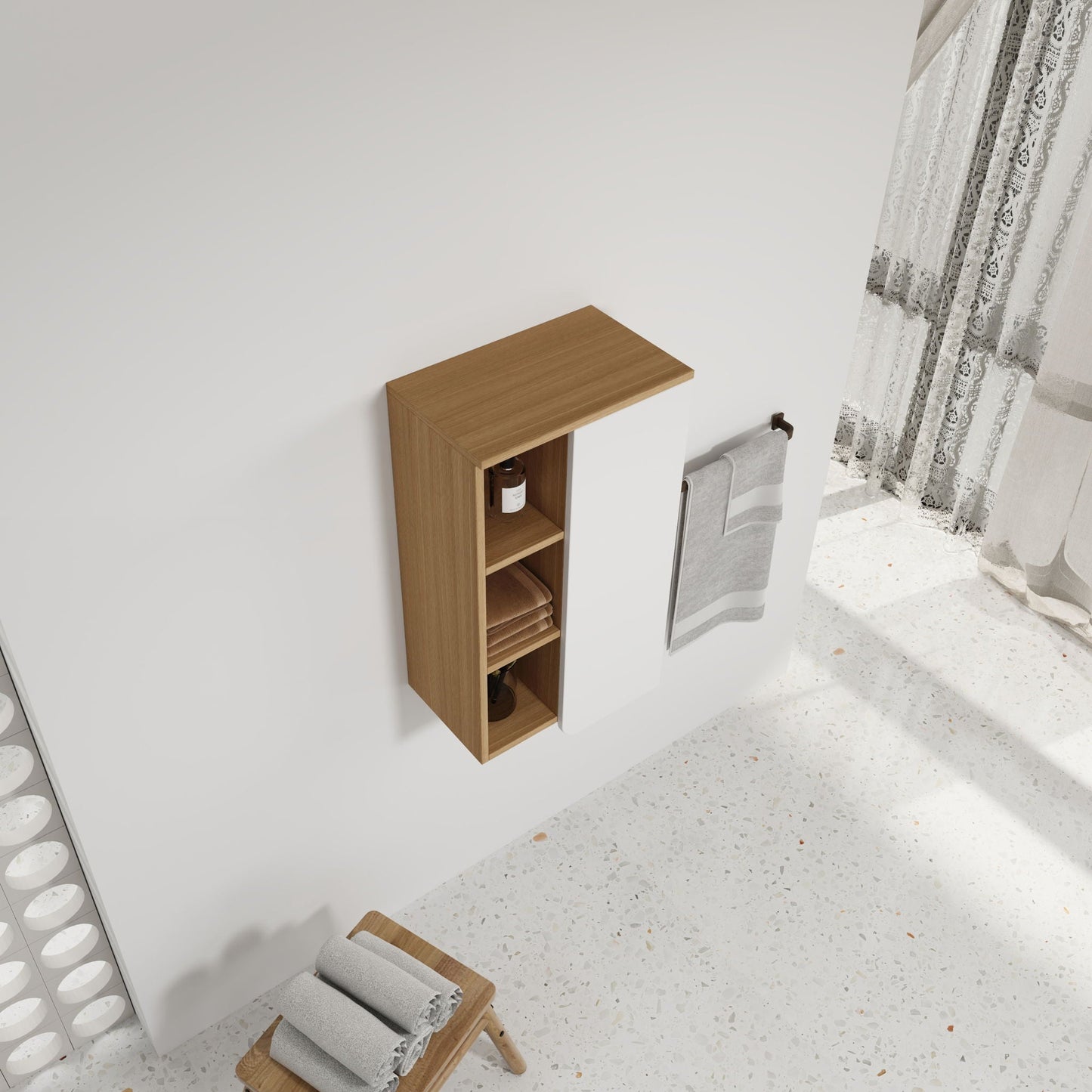 Wall Mounted Bathroom Side Cabinet, Single Door With 3 Tier Open Shelves - Black / Light Oak / White