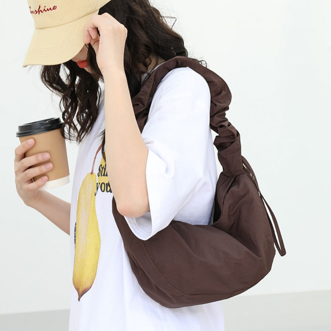 Small shoulder women's casual, pleated nylon hobo bag, fashion drawstring canvas crossbody bag