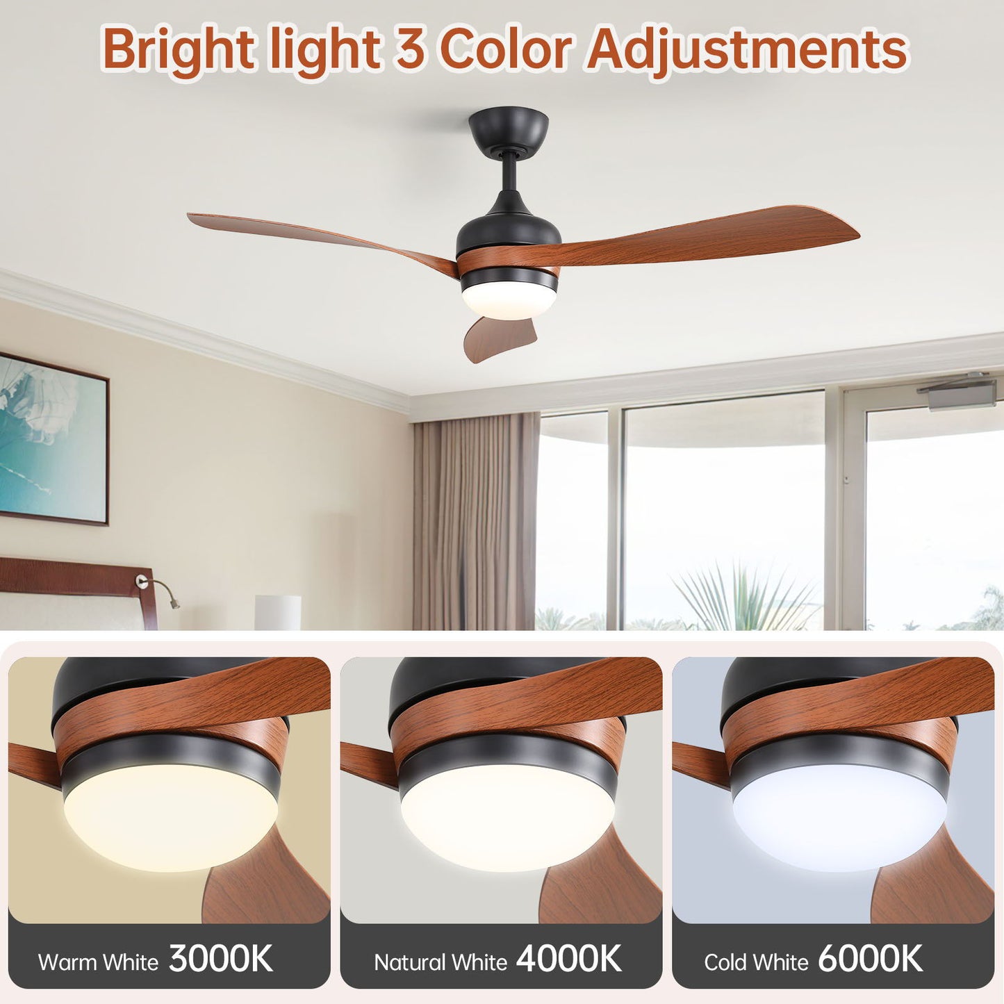 Ceiling Fan With 3 Blades, Remote Control, Reversible DC Motor, Noiseless Operation, 3 Downrods