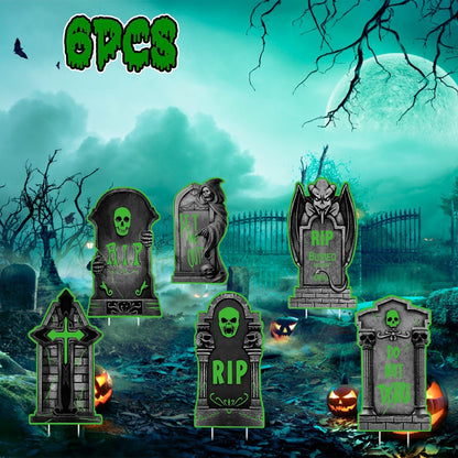 Halloween Tombstone Yard Sign Decorations 6Pcs Glow in the Dark Halloween RIP Tombstone Fluorescence Lawn Sign with 12 Stakes for Haunted House Garden