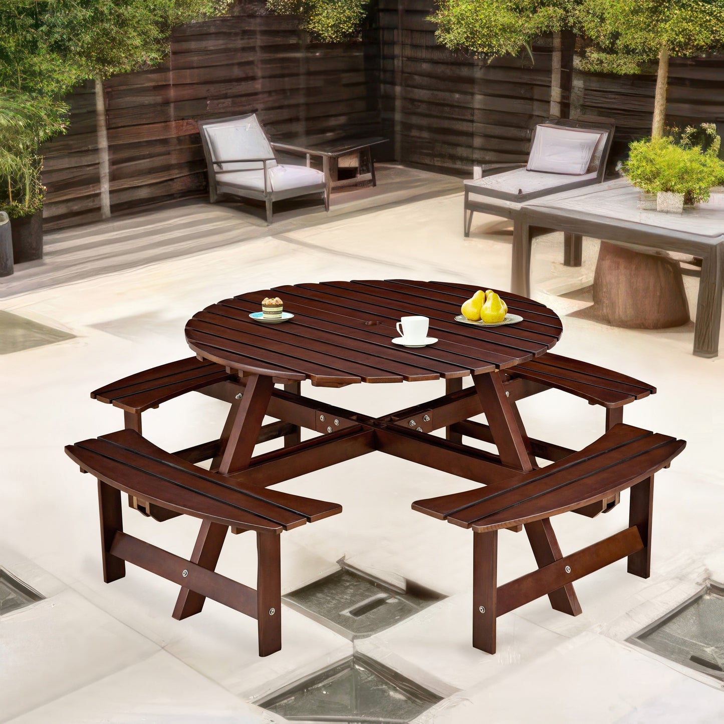 Outdoor 8 Person Round Picnic Table with Built-In Benches