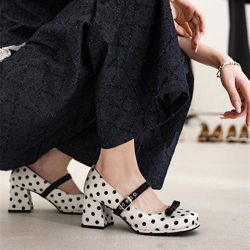 Fashionable Polka Dot Bow Mary Jane Shoes For Women In Spring, Sweet And Stylish, Thick Soled, Thick Heel, Single Button Small Fragrant High Heels