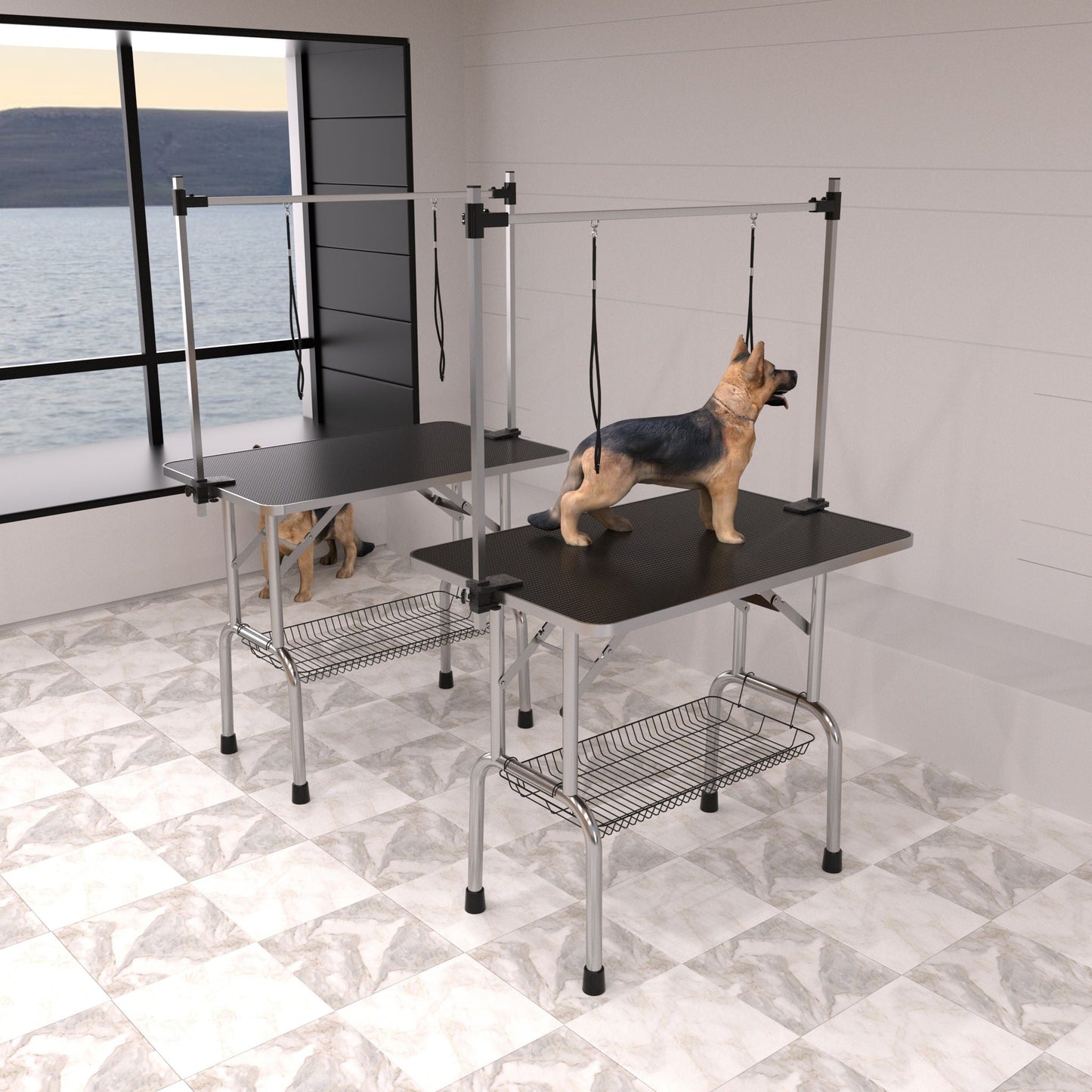 Professional Dog Pet Grooming Table Adjustable Heavy Duty Portable With Arm & Noose & Mesh Tray - Black