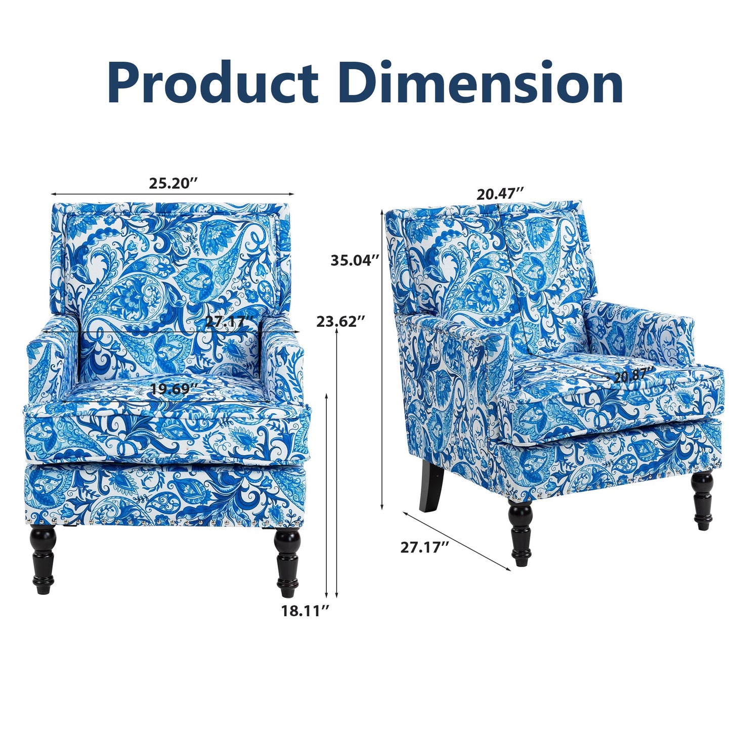 Upholstered Accent Chair with Blue and White Porcelain Print Linen Fabric