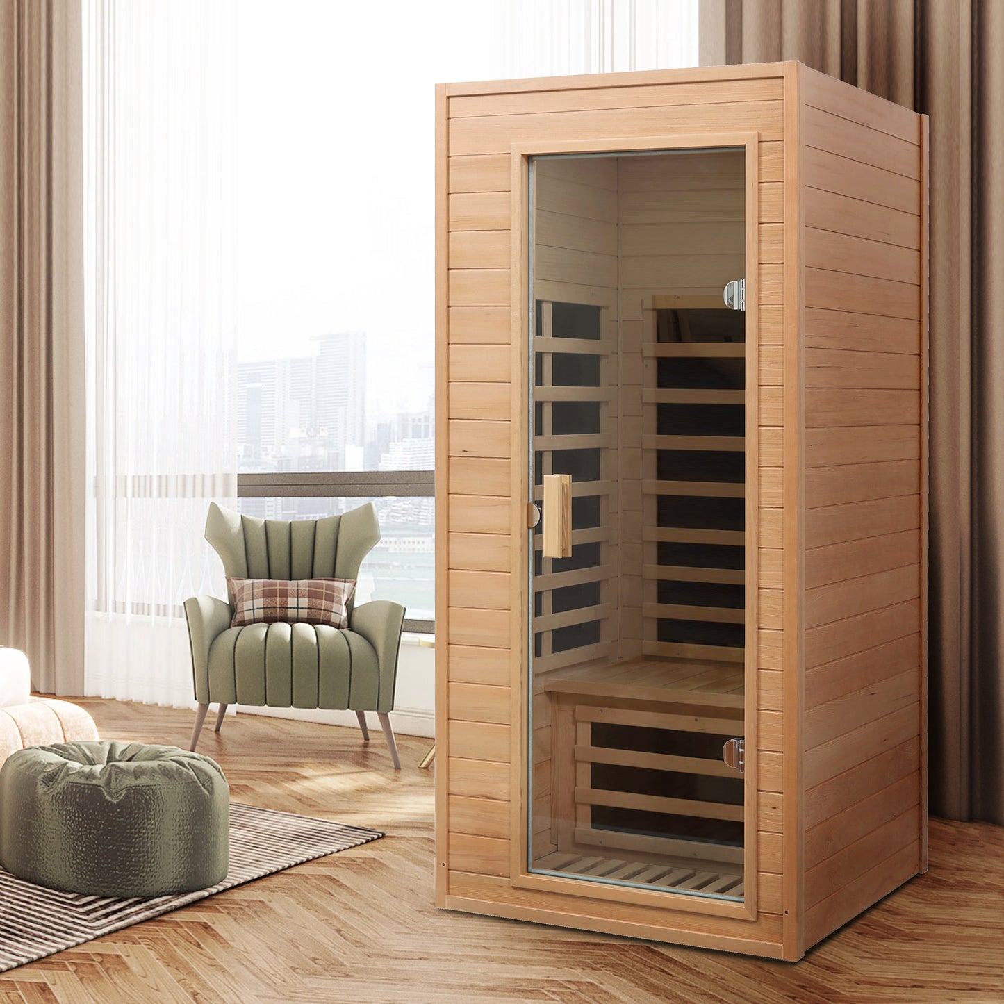 Hemlock One-person Far Infrared Roof Embedded Indoor Sauna Room Natural Hemlock 33.7x33.46x72.83 inches