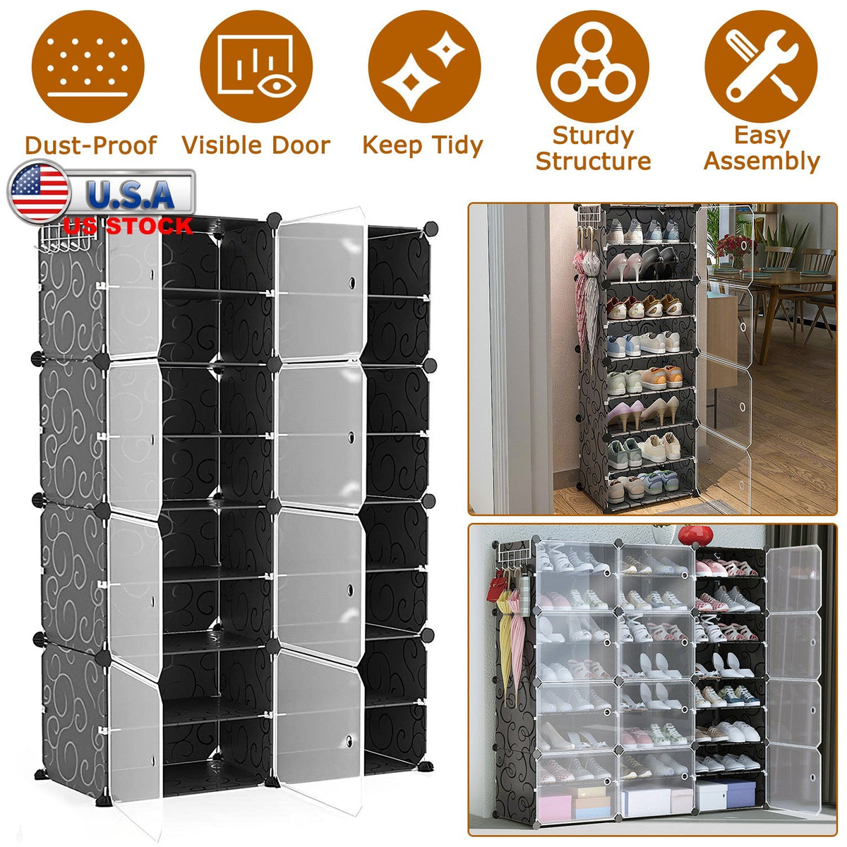 8-Tier Shoe Rack Organizer with Transparent Doors, 32 Pairs