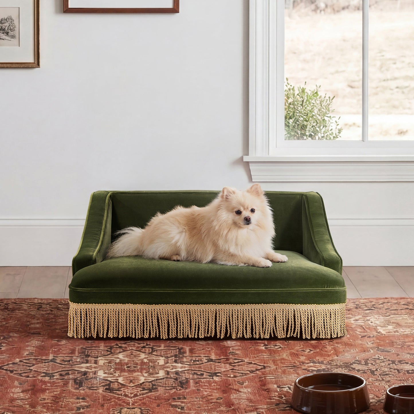 Duchess 33' Medium Princess Pet Bed Sofa with Fringe Skirt, Olive Green Velvet