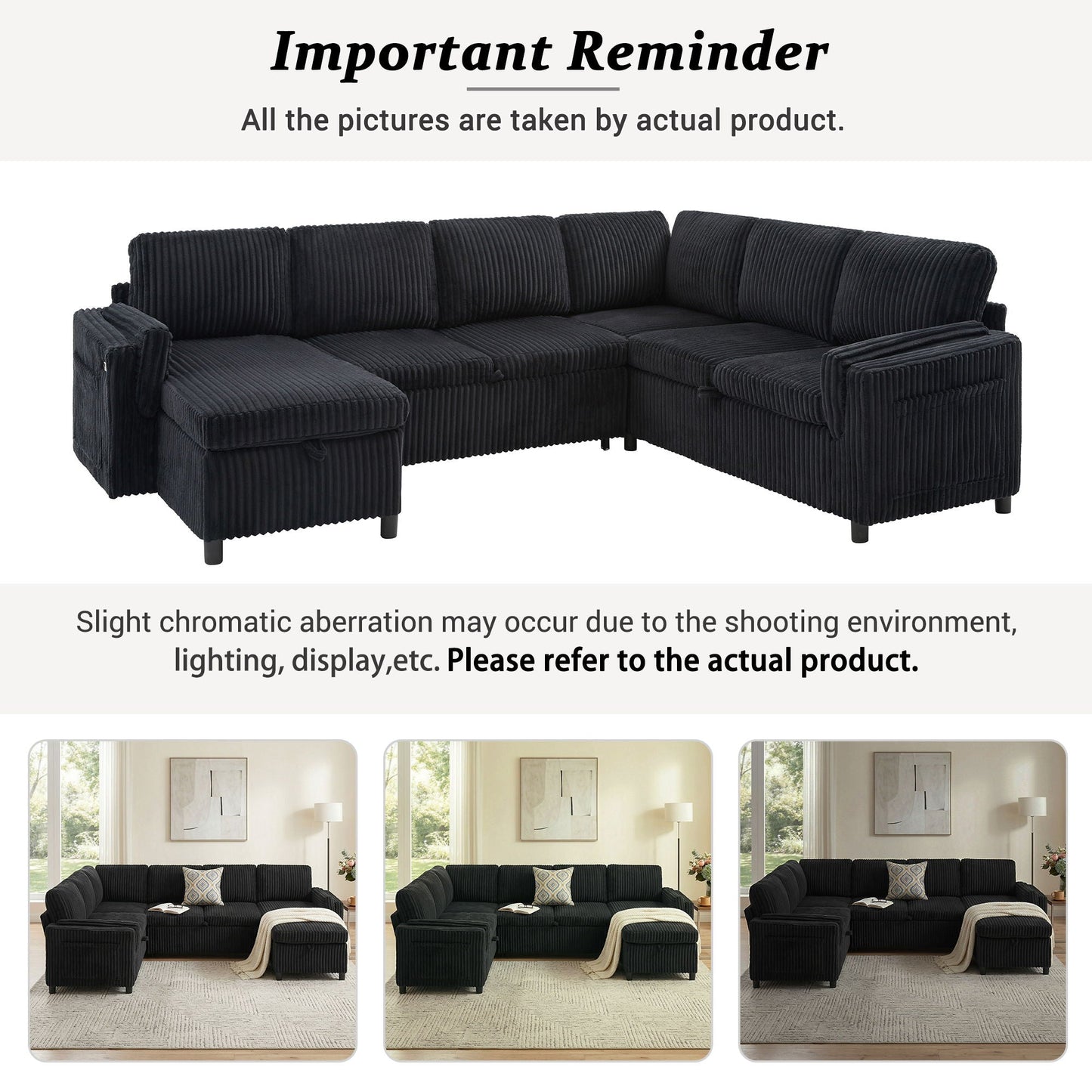 Convertible U-Shaped Sectional Sofa Bed With USB Ports And Storage
