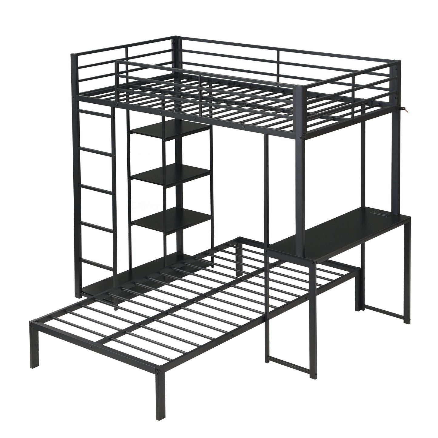 Metal Loft Bed Frame with LED Light Strip, Side Storage Shelves & Built-in Desk