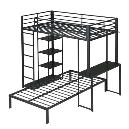 Metal Loft Bed Frame with LED Light Strip, Side Storage Shelves & Built-in Desk