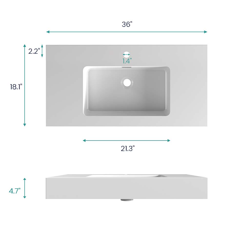 BB02-36-101 Integrated Solid Surface Basin Without Drain and Faucet, Glossy