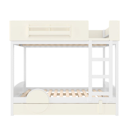 Full Bunk Bed with Trundle, Wood Bunk Bed Frame with Bookshelf