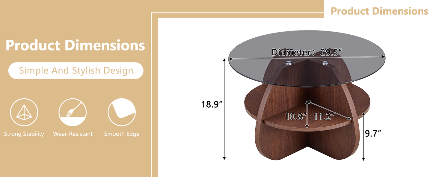 Creative Cross-Structure Round Coffee Table with Glass Top