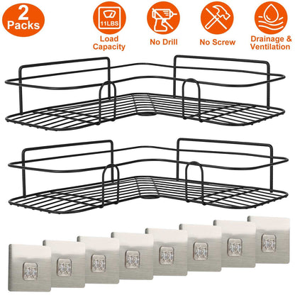 2Pcs Corner Shower Caddy Shelves Wall Mounted Basket Rack Bathroom Shampoo Holder Storage Organizer W/ 8Pcs Adhesive Hooks For Toilet Dorm Kitchen