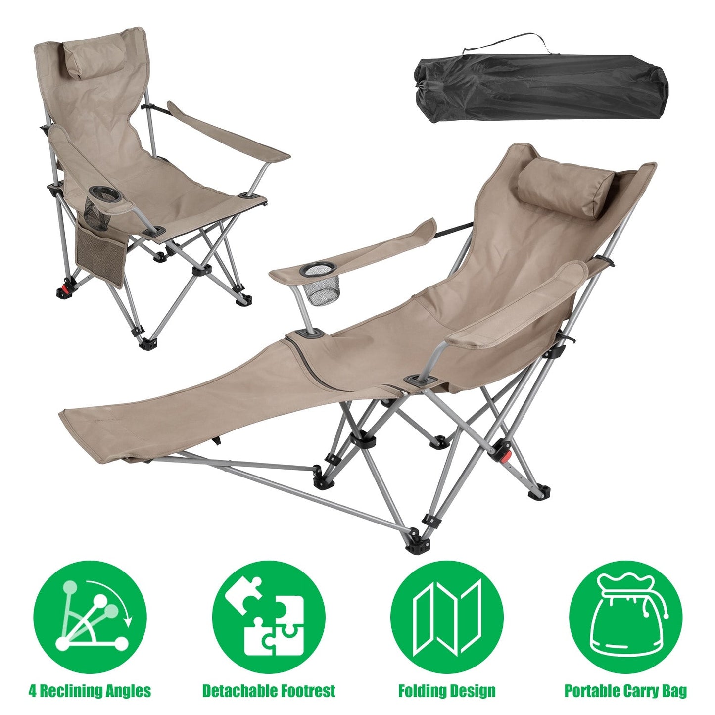 Reclining Camping Chair with Footrest – 4-Position Adjustable