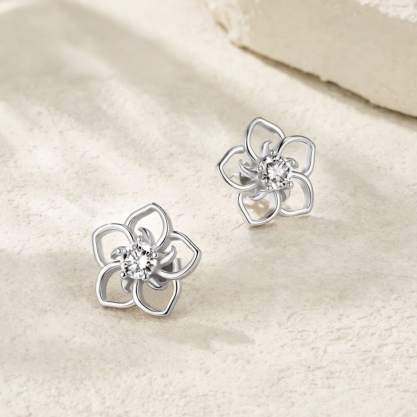 S925 Sterling Silver Abstract Flower Stud Earrings, 0.5ct D-VVS1 Moissanite, Platinum Plated Hollow Petal Design, With GRA Certificate Gift Box