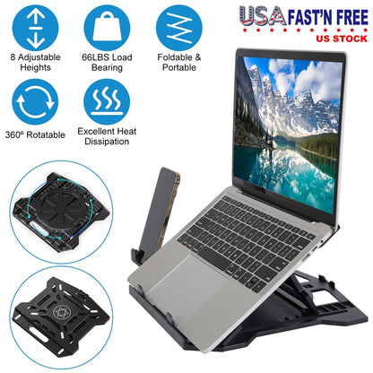 360¼ Rotating Laptop Riser Stand Foldable Desk Laptop Riser Tablet PC Holder with Phone Stand 8 Level Adjustable Height Inbuilt Handle for Home Office