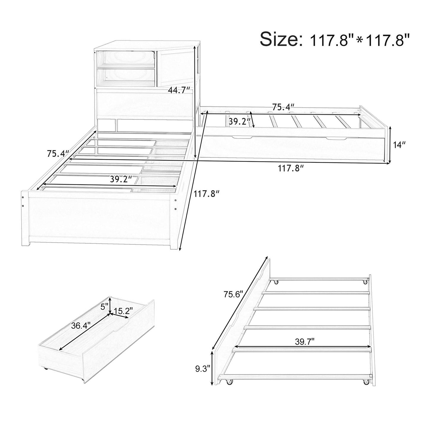 L-Shaped Bed Frame With Trundle, Built In Desk & LED Lighting