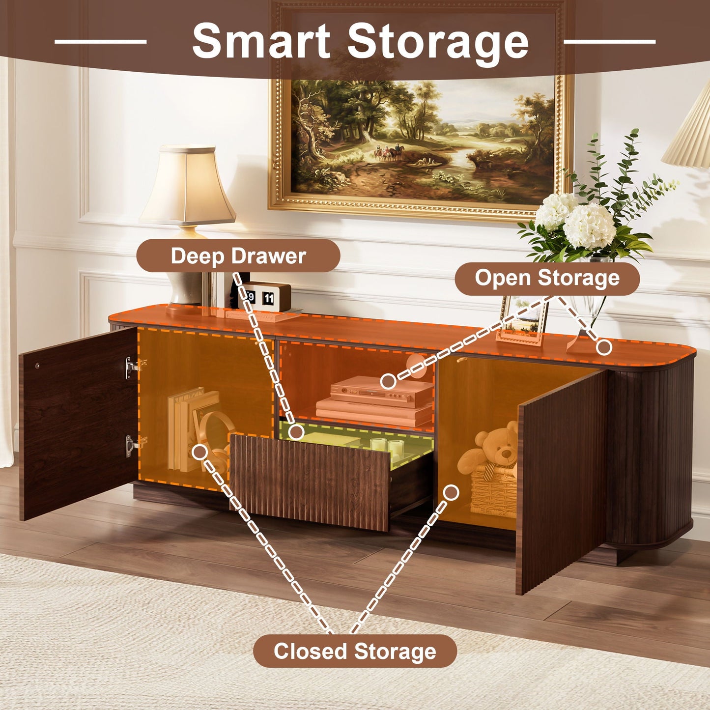70" TV Stand With Ample Storage, Curved Corners - Dark Brown