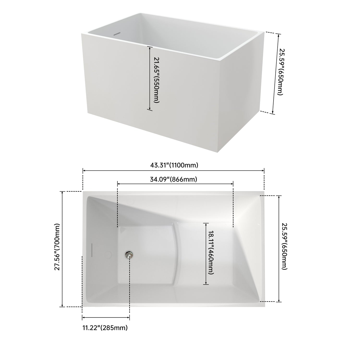 43" Acrylic Freestanding Bath Tub Modern Soaker Tub