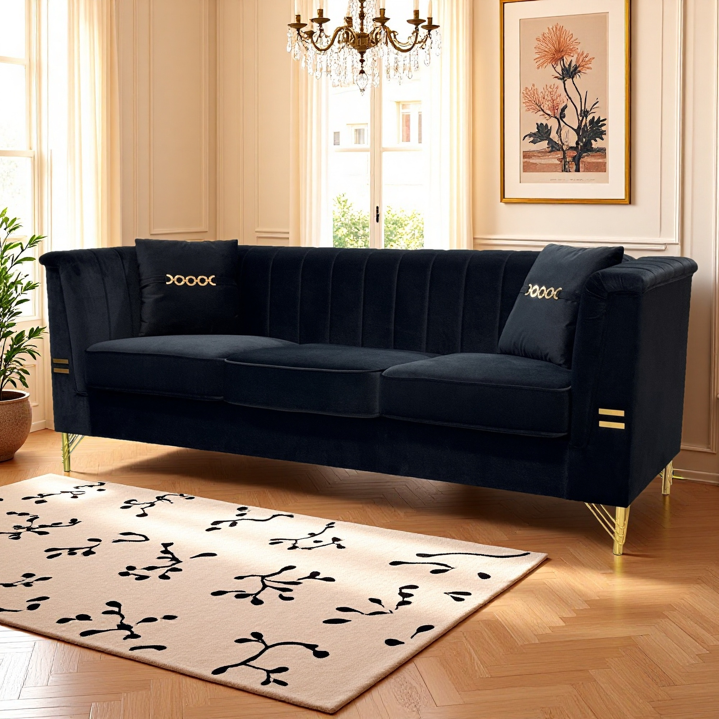 FX-P82-BK2 Modern Velvet 3-Seater Sofa with 2 Pillows