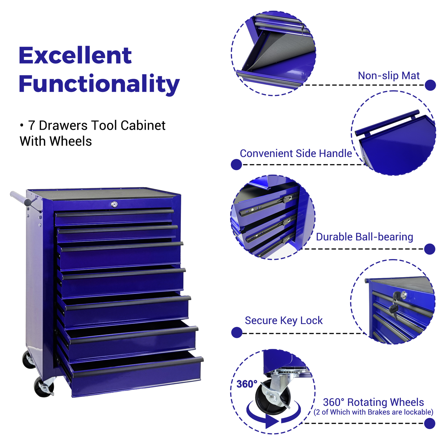 Rolling Metal Tool Chest with 7 Drawers, 20" Steel Cabinet - Purple