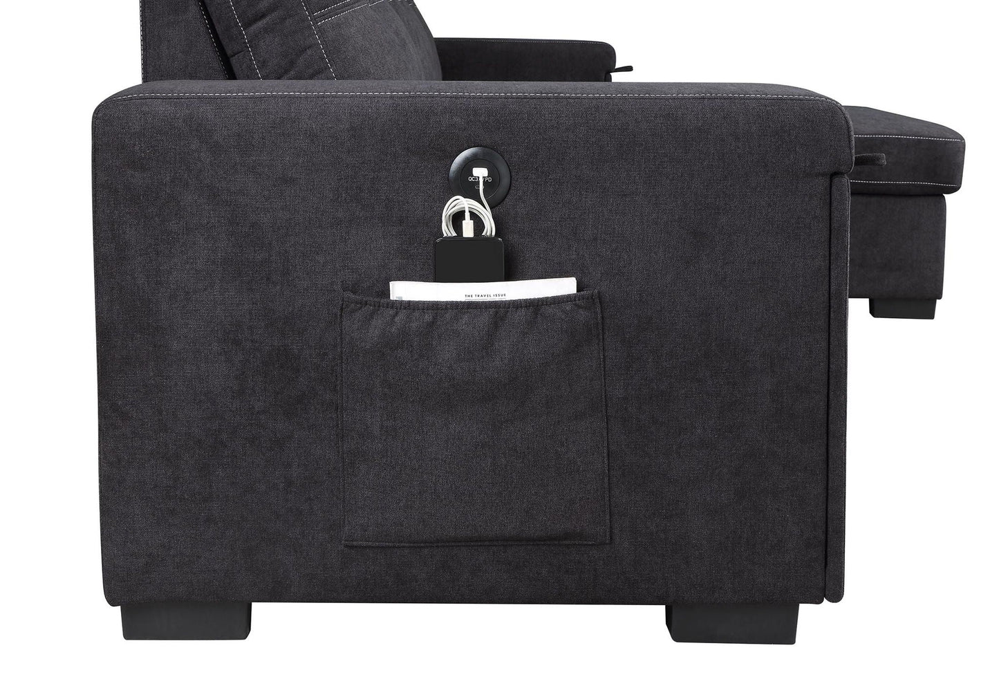 Toby - Woven Fabric Reversible Sleeper Sectional Sofa With Storage Chaise Cup Holder Charging Ports And Pockets