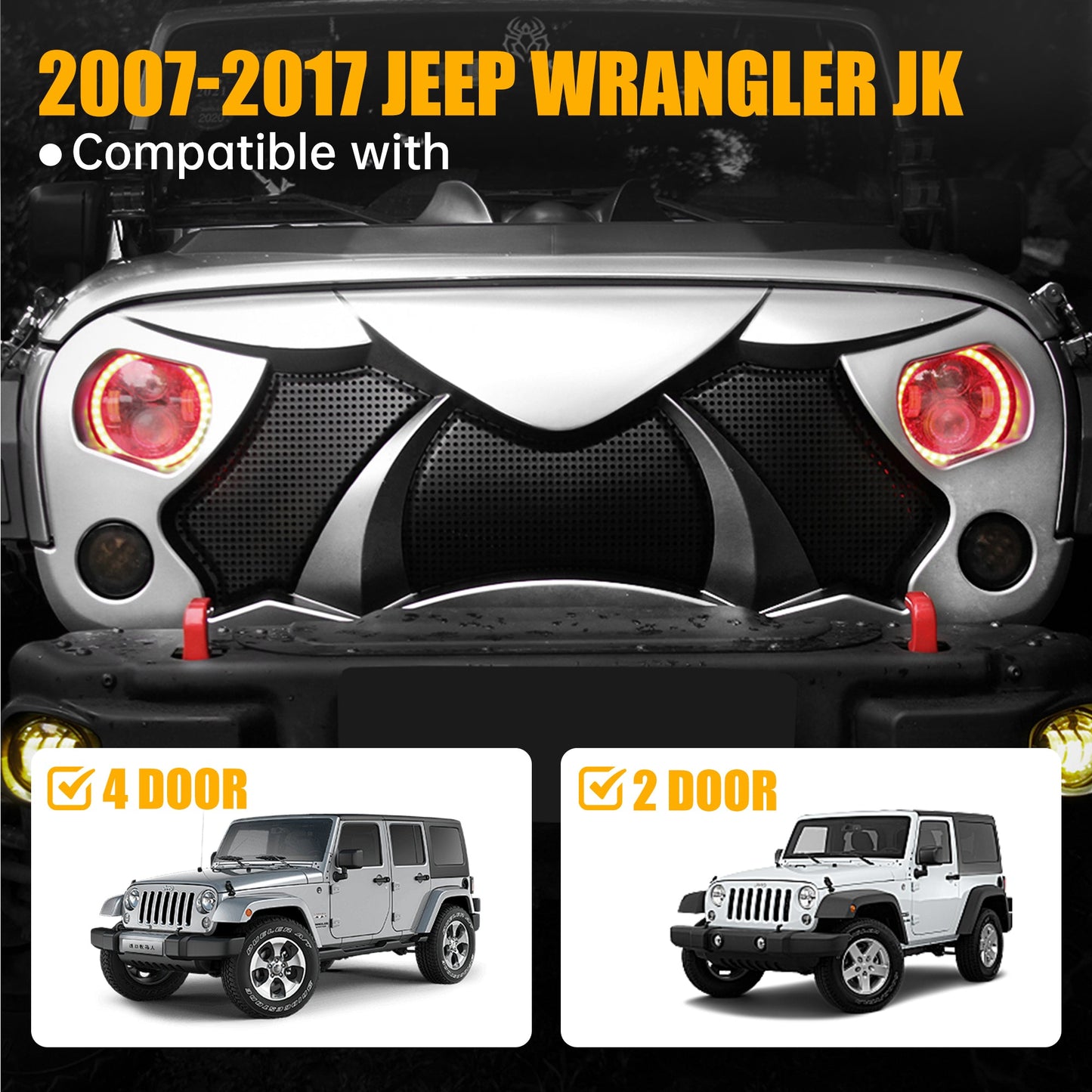Halloween Front Grille Grid Grill for 2007-2017 Jeep Wrangler Rubicon Sahara Sport JK/JKU, Matte