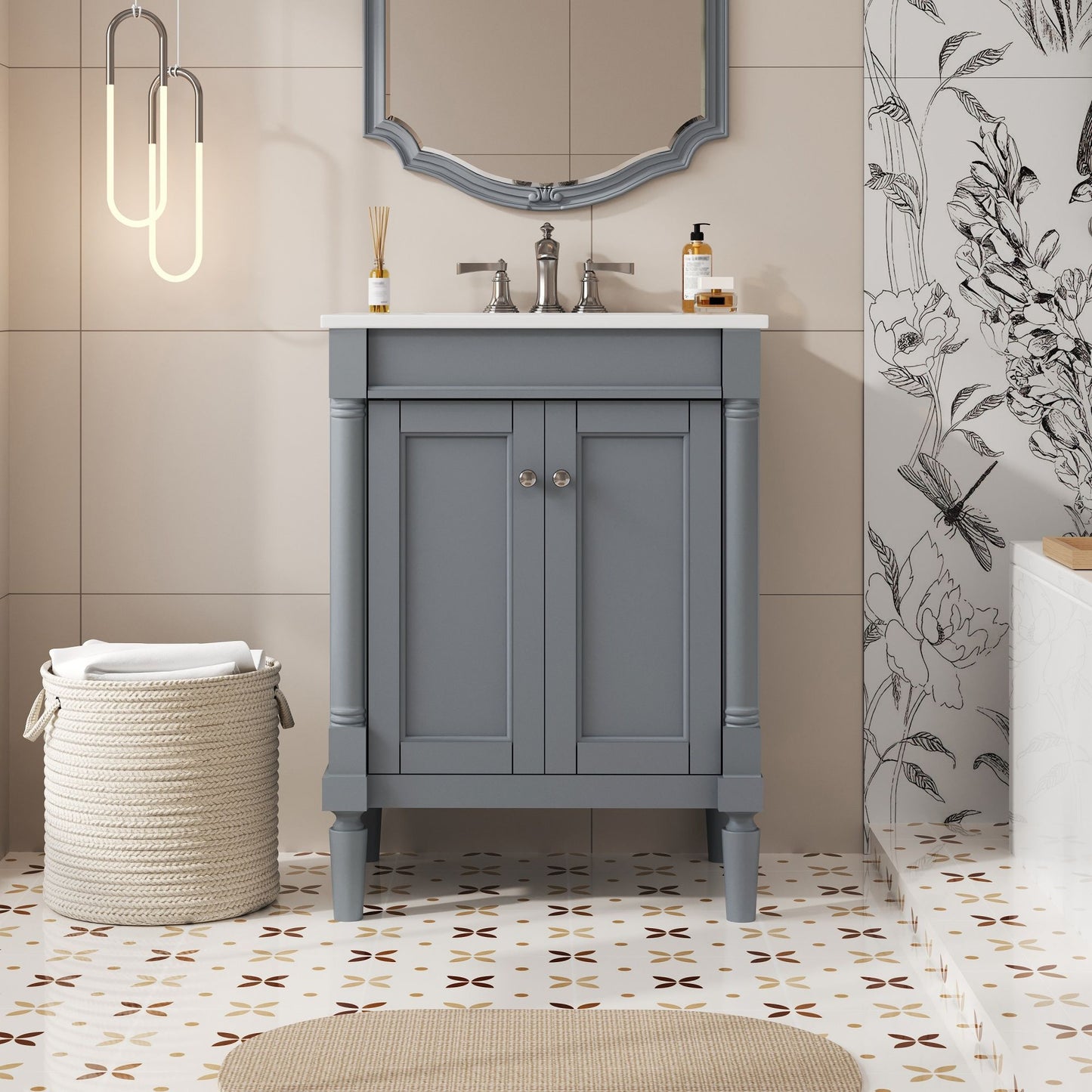 Bathroom Vanity With Top Sink, 2 Tier Storage Cabinet
