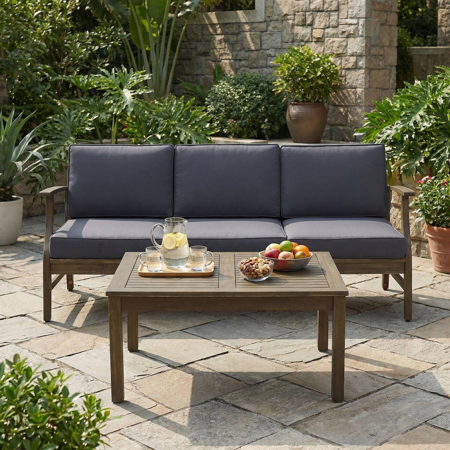 Perla 3 Seater Sofa and Table Set, Dark