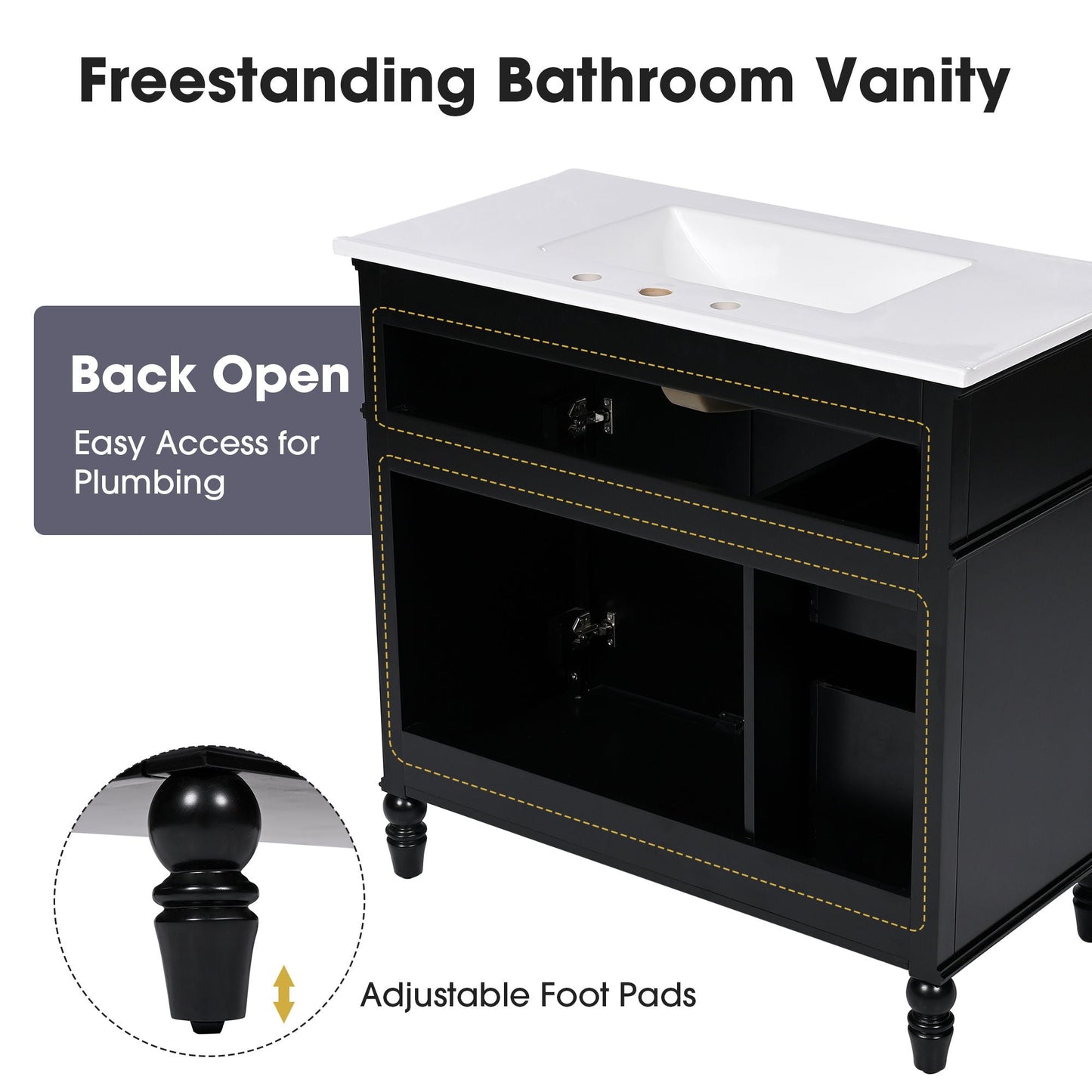 Bathroom Vanity With Sink, Freestanding Cabinet & Drawers