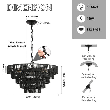 24" Rustic 5-Tier Black Hemp Rope Pendant Light Chandelier