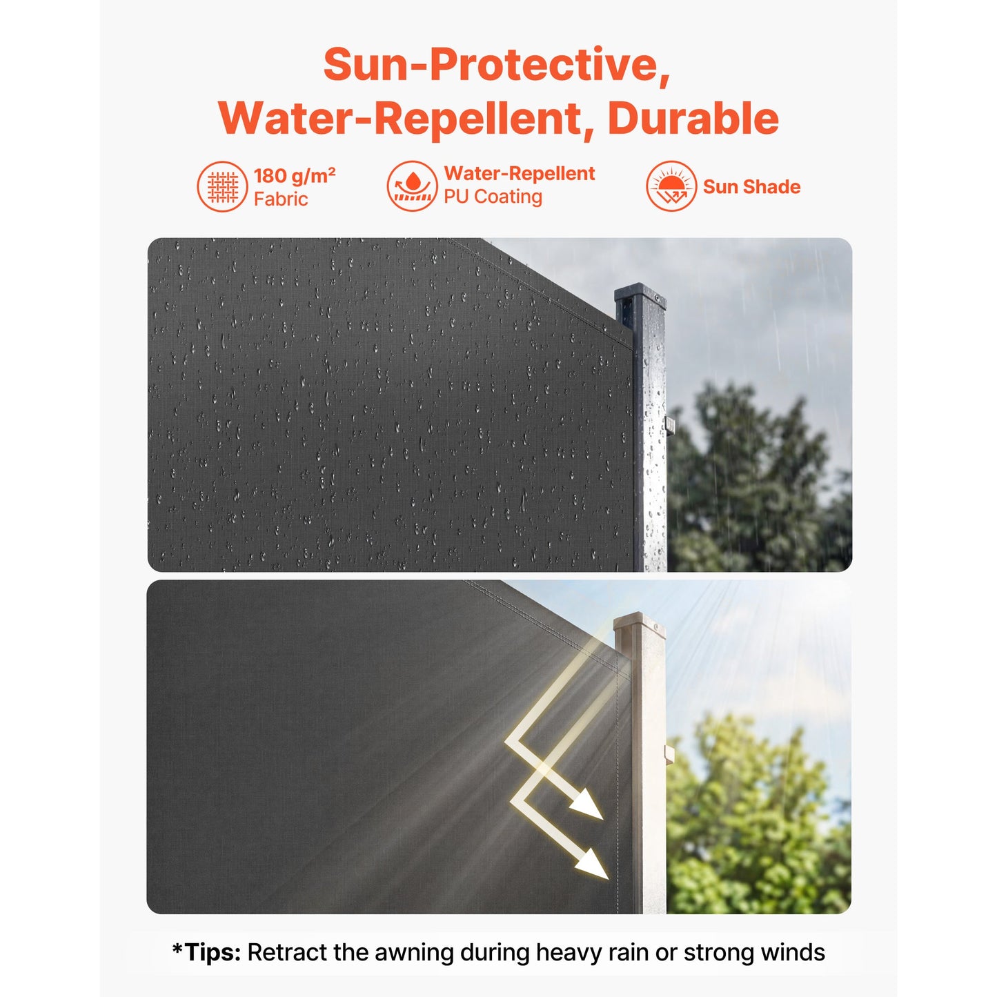 Retractable Side Awning, 71" x 236" Patio Screen with Waterproof Polyester Fabric