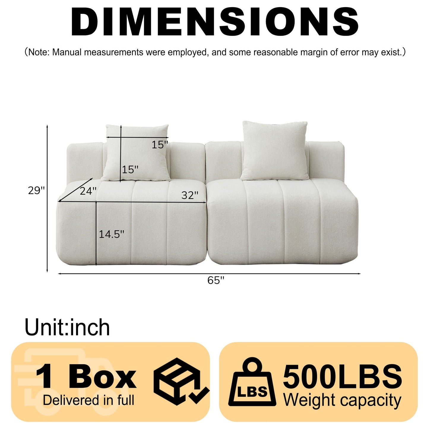Modular Sectional Sofa With 2 Pillows, Symmetrical Design