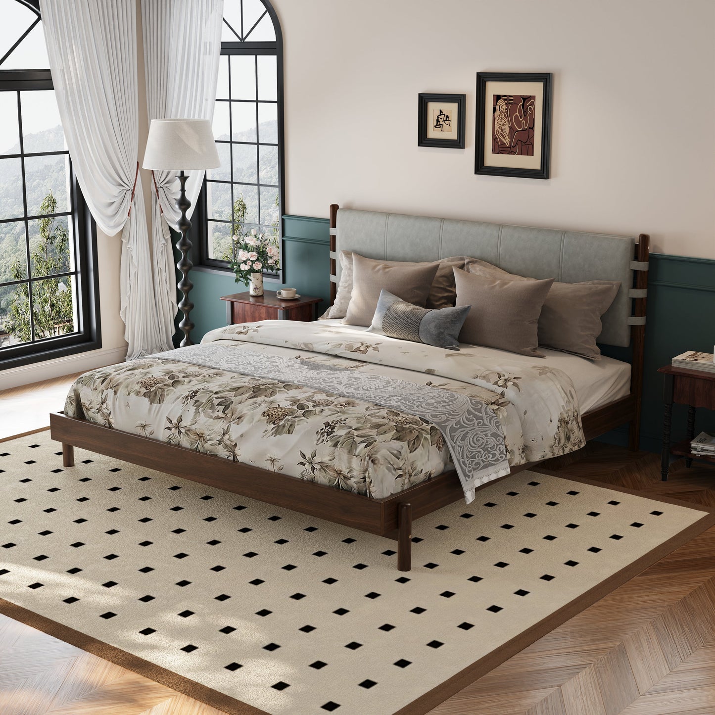 Premium Rubber Wood Platform Bed Frame, King Size with Headboard