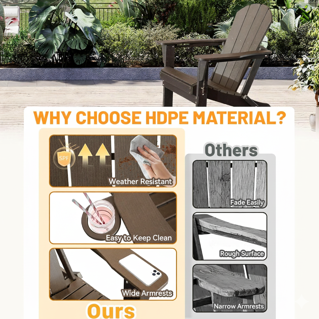 Adirondack Chair, Folding HDPE Outdoor Seating with Cup Holder
