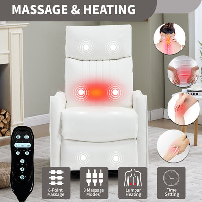 White Heat Massage Manual Recliner Chair with Rocker and Swivel in Faux Leather