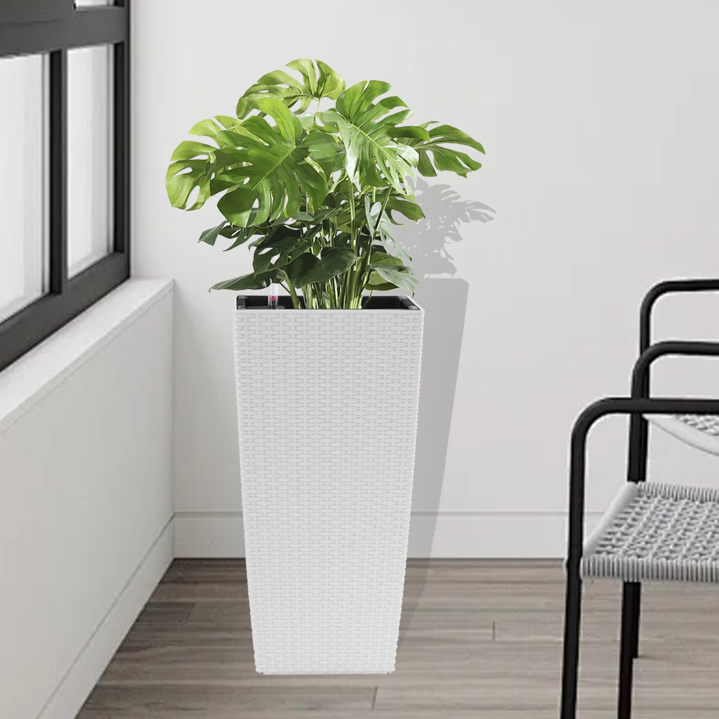Indoor/Outdoor Modern Faux Rattan Design Square Planter, 22.6 inch White Plastic Large Planter with Automatic Watering System for Home and Garden (White, 22.6 inch - 2 Pack)