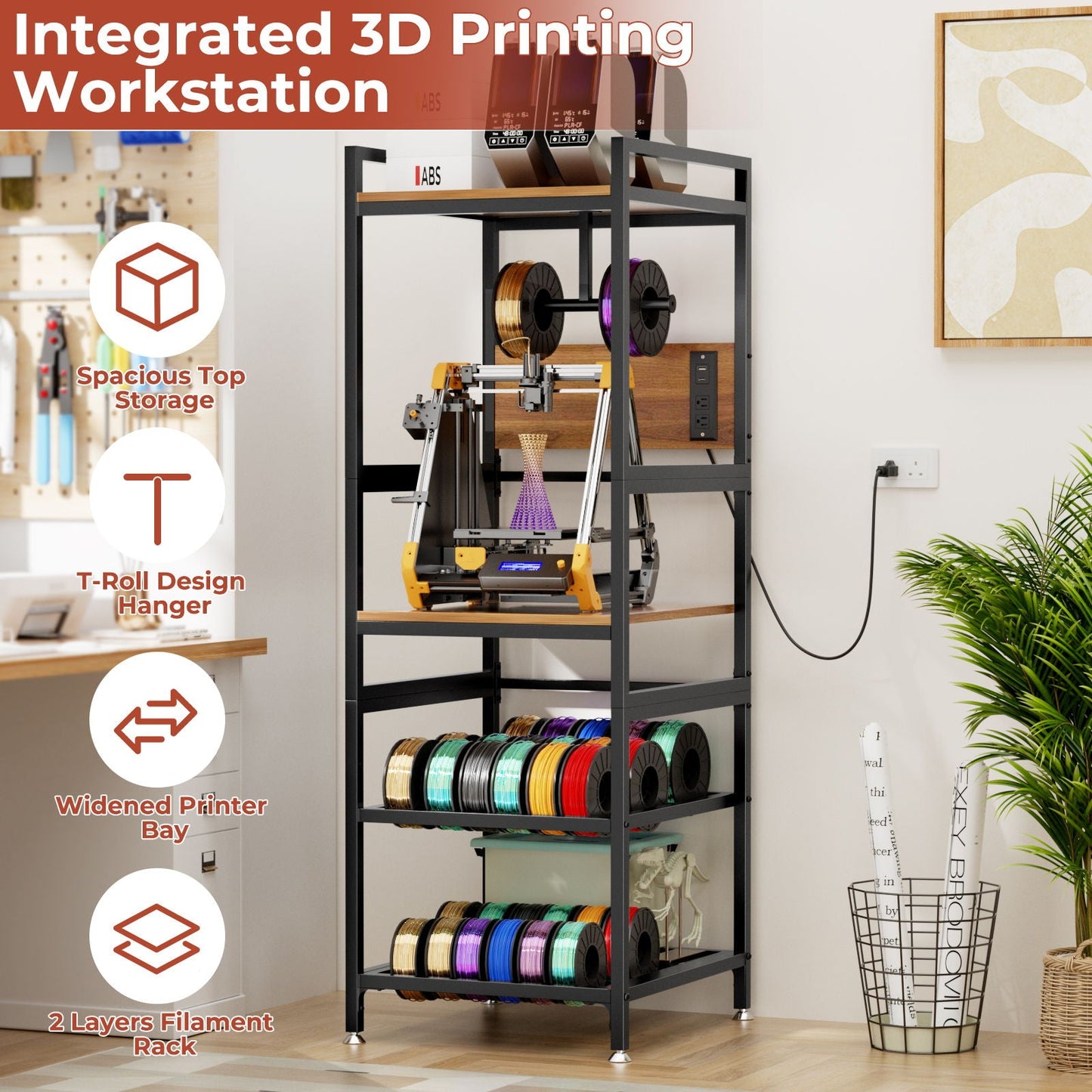 3D Printer Stand With Filament Storage, T-Type Holder, Built In Power Panelб Open Frame Printer Workstation - Black