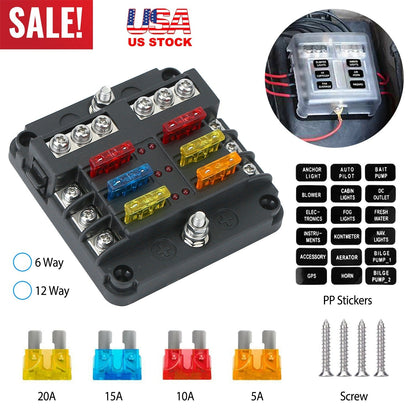 6-Way Fuse Box Holder w/ LED Indicator 6 Circuit Blade Fuse Block Sticker Label For 12-32V Automotive Boat Car SUV Marine