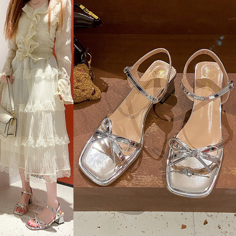 French-style Bow Chunky-heeled Silver Sandals