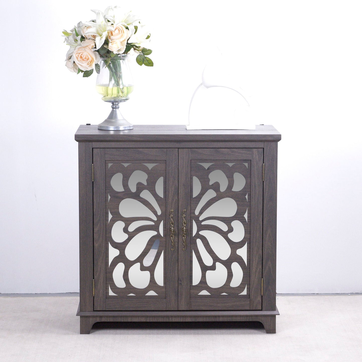 Elegant Sideboard With 2 Acrylic Mirrored Doors, Adjustable Shelf Storage