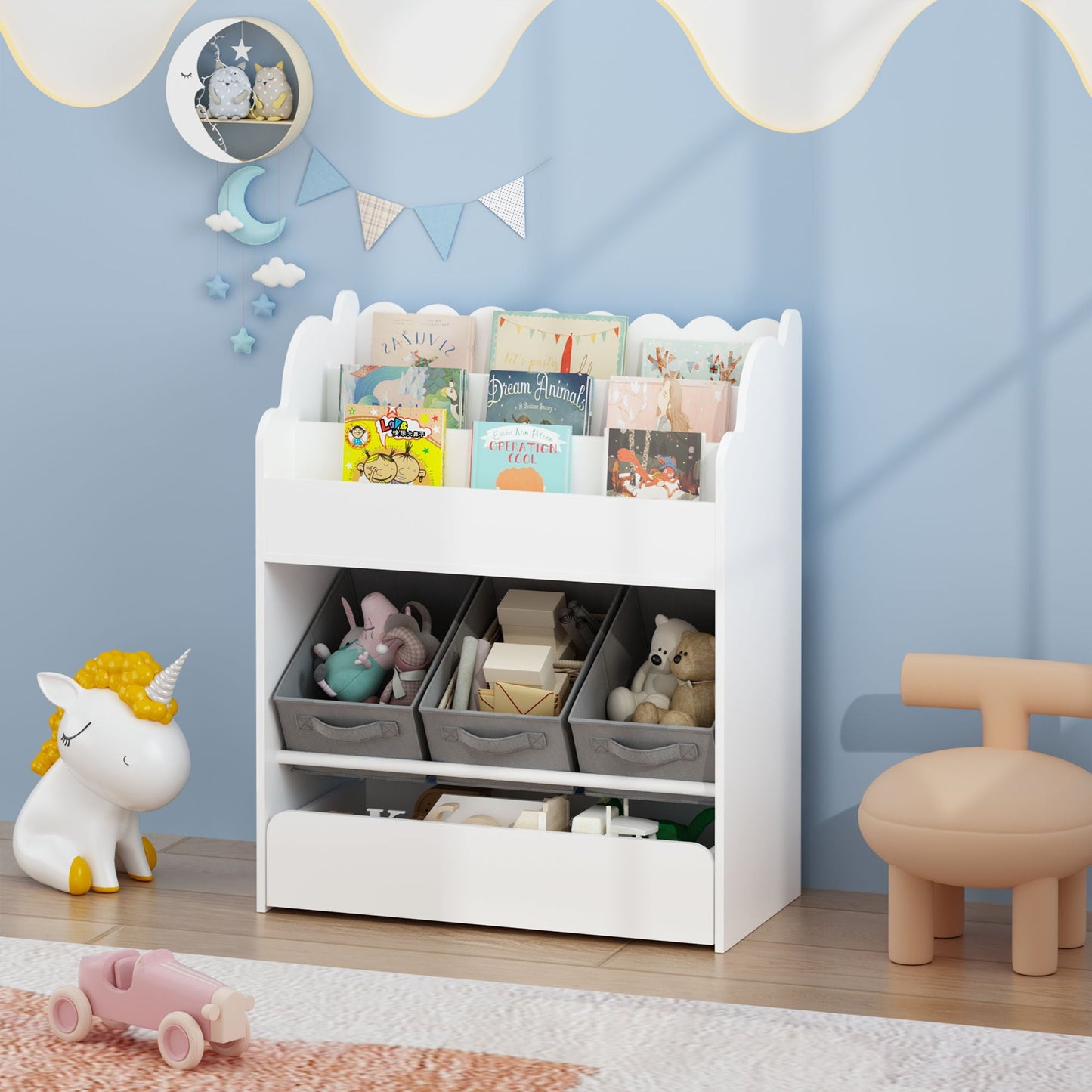 Bookshelf With Storage Bins And Drawer, Multi Functional Book Organizer For Toddlers - White