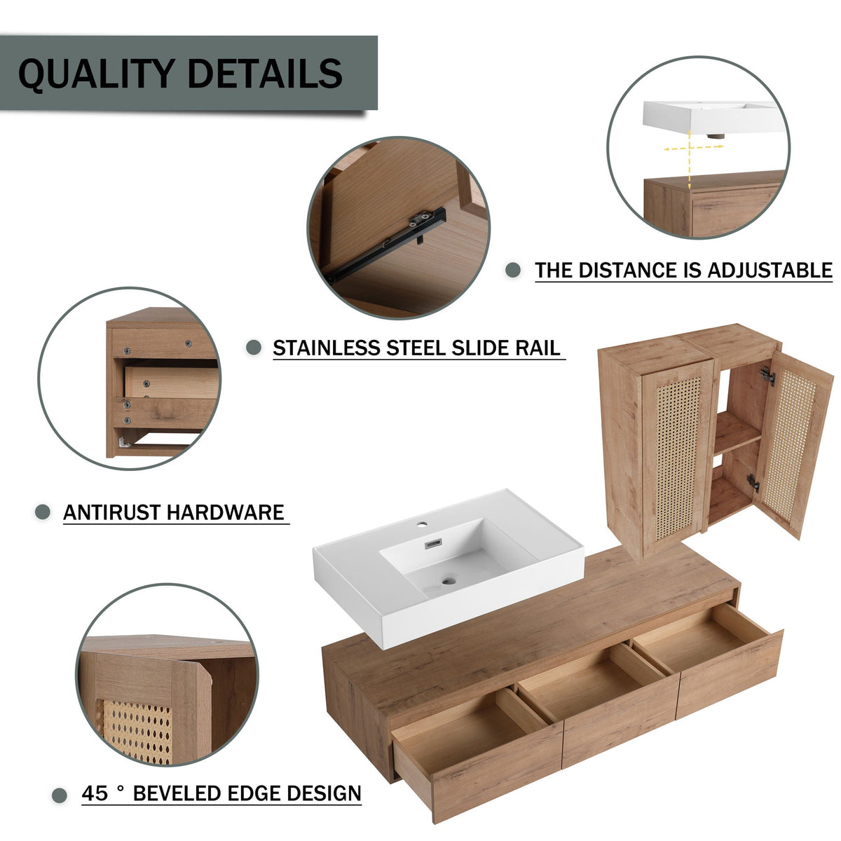Modern Wall Mounted Bathroom Vanity With Resin Sink And 2 Side Cabinet, Construction - Imitative Oak