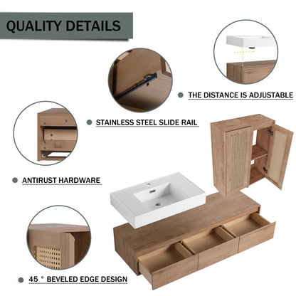 Modern Wall Mounted Bathroom Vanity With Resin Sink And 2 Side Cabinet, Construction - Imitative Oak