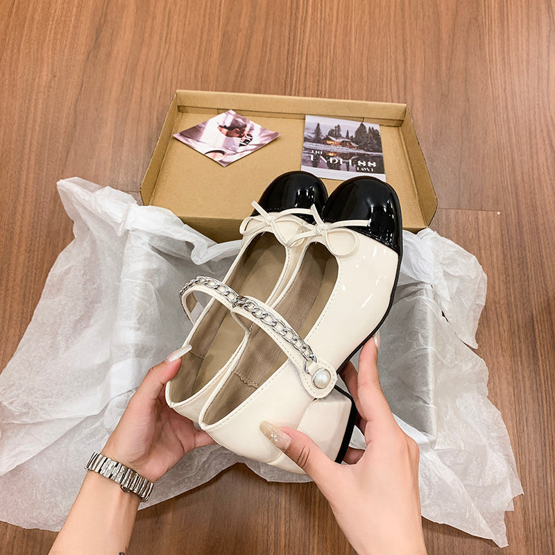 Mary Jane Slip-On Mid-Heel Shoes, Spring & Autumn Style, Black & White Color Block, Chain Decor, Round Toe, Bowknot, Women's Block Heel Pumps