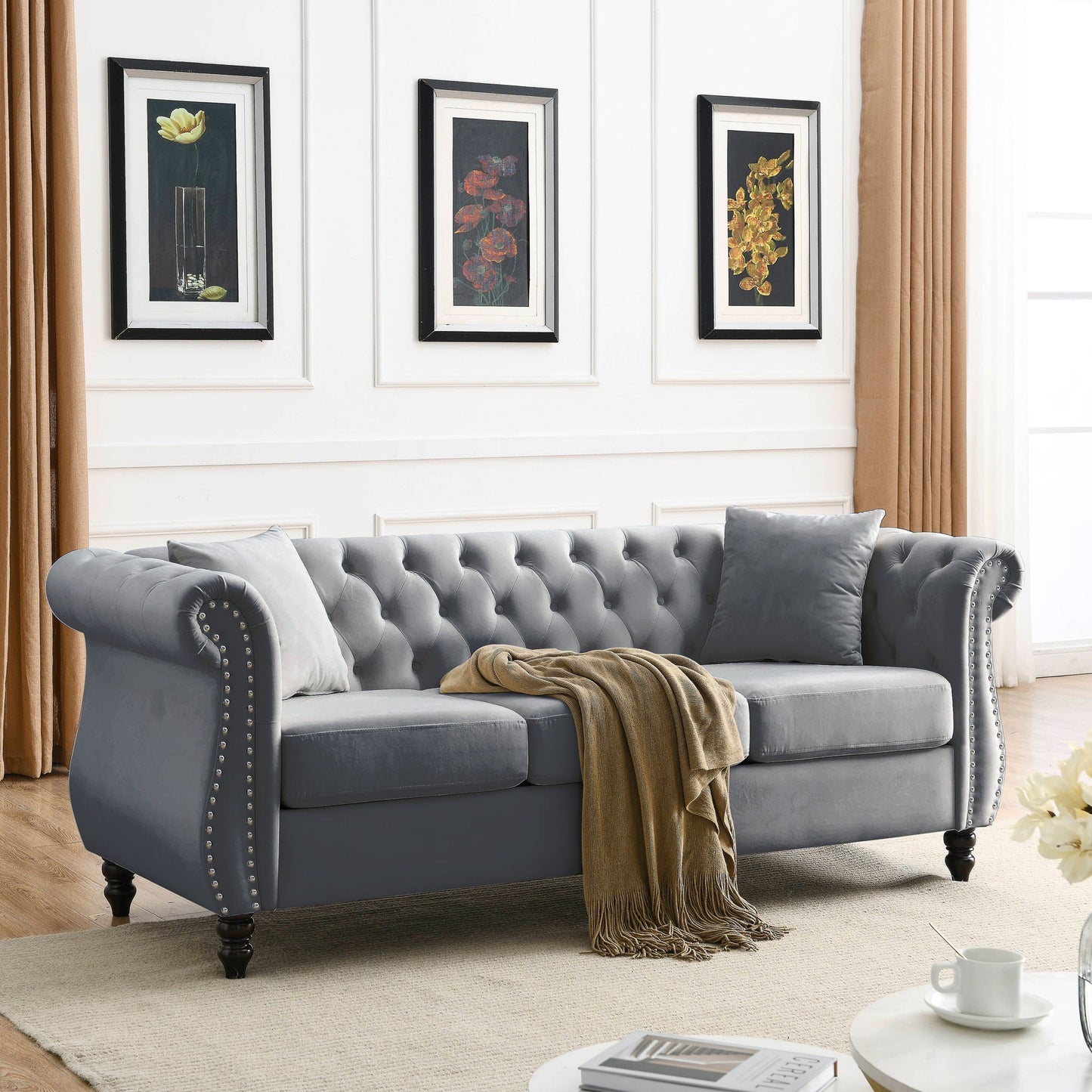 Chesterfield Sofa With Rolled Arms And Nailhead Trim