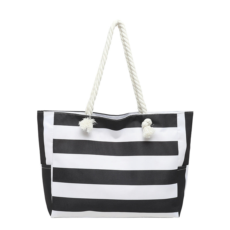Womens Large-Capacity Striped Beach Tote Bag