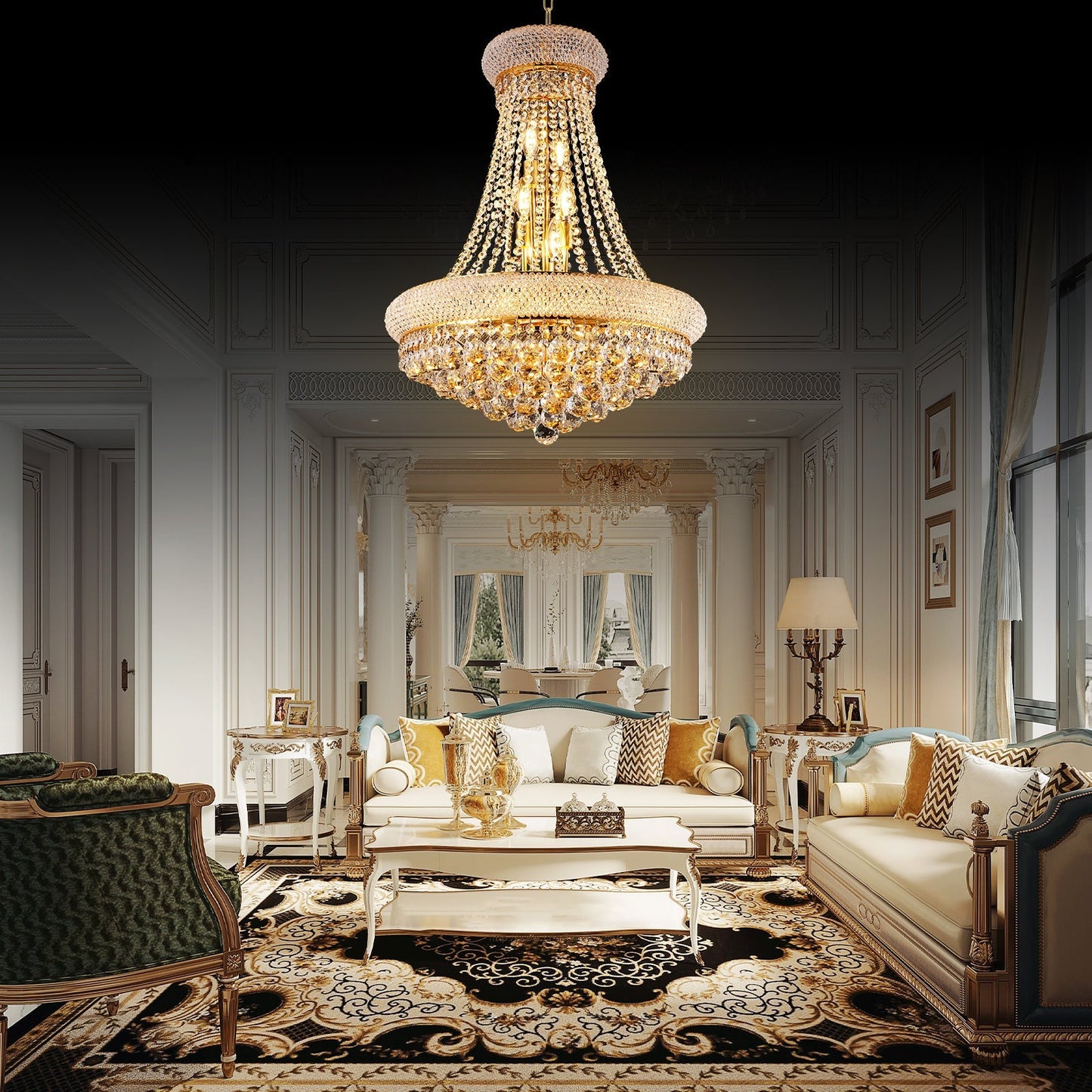 24-Inch Gold Crystal Chandelier, 12-Light French Empire Style Ceiling Light