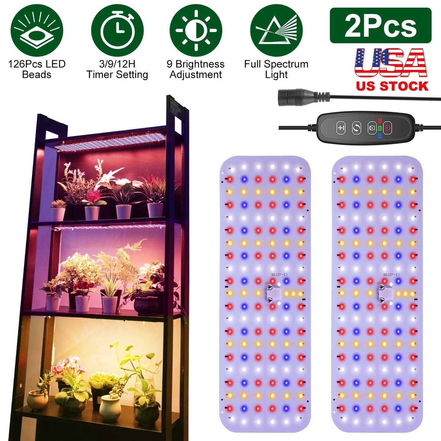 2Pcs Ultra-Thin LED Grow Lights for Indoor Plants with 126Pcs LEDs Full Spectrum Under Cabinet Plant Growing Light Panel 3/9/12H Timer 9 Dimmable Leve
